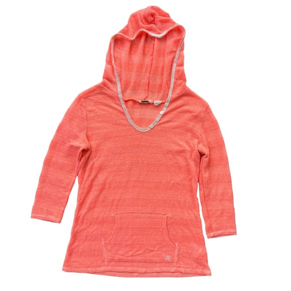 Miss Me Sweaters - Miss Me Womens Sz Medium Bright Coral 3/4 Sleeve Knit Hooded Lightweight Sweater